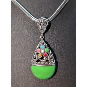 VTG Green Teardrop Multi-Color Stone 925 Sterling Silver Filigree Pendant (Only)